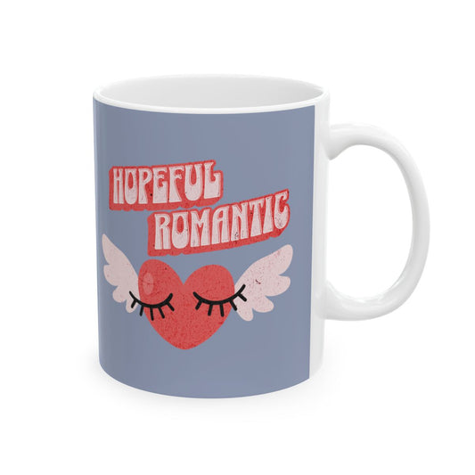 Jean blue Mug with a retro aesthetic heart with wings design and retro style text 'Hopeful Romantic' in red