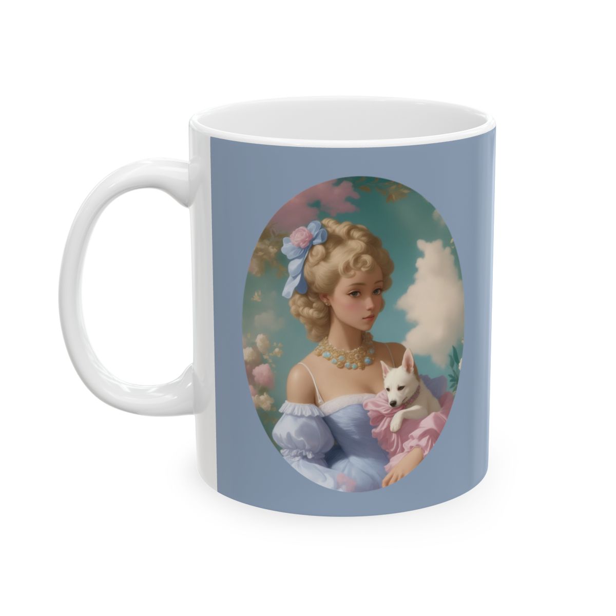 Baby blue mug with an illustration of a girl dressed in regency period fashion in pastel colors, holding a little dog, she is standing in front of cotton candy clouds