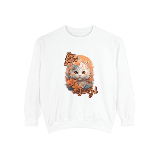 White sweatshirt with a cute girly kitten graphic and text that says "Show Girl"