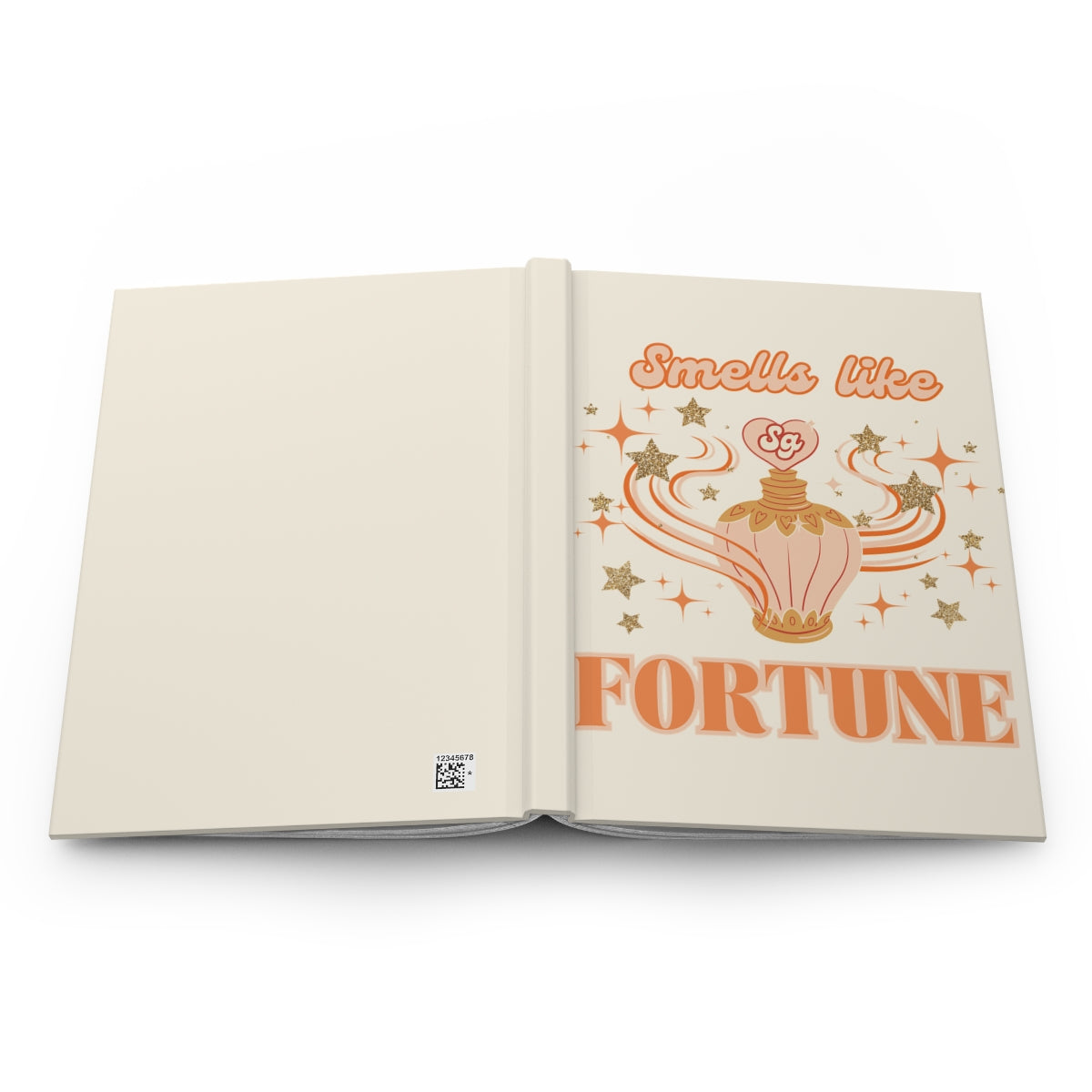 open notebook with an illustration of a pastel orange retro perfume bottle surrounded by glittery stars, and  'Smells like Fortune' text written in pastel orange retro aesthetic letters