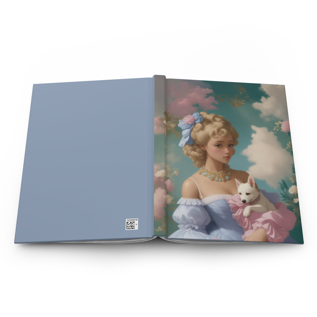 Open pastel colored hardcover journal, with the illustration of a young blonde woman dressed in a regency aesthetic pastel colored gown standing in front of cotton candy clouds, holding a white puppy