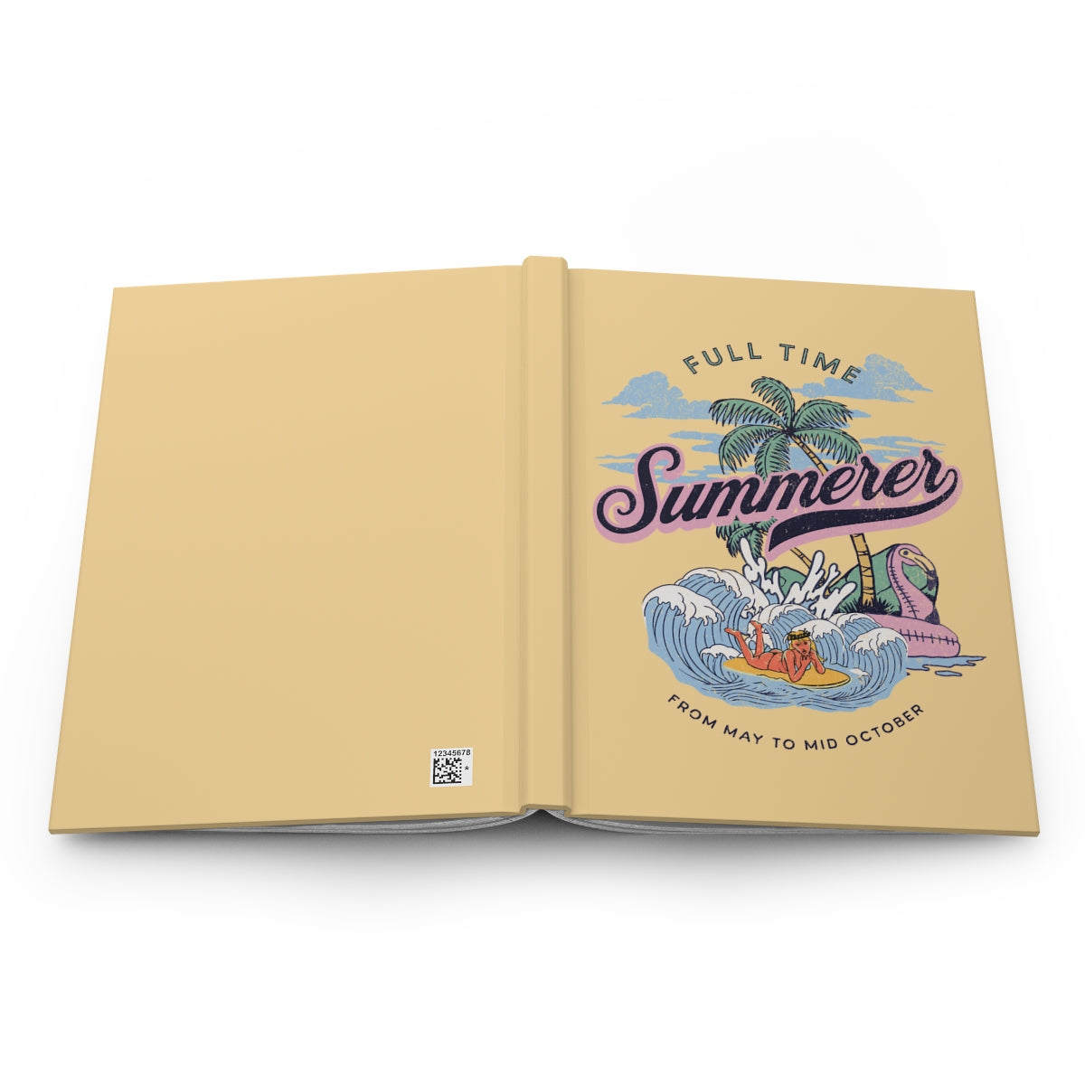 Open Pastel yellow Notebook featuring a retro style illustration of a blonde girl surfing in the ocean, palm trees, a pastel pink flamingo float and  'Full Time Summerer' text written in retro aesthetic