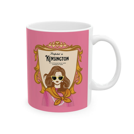 Mug with a design of a young English woman dressed in a pink jumper, pearls and a scarf, she is in a royal aesthetic frame  that has a text "Perfected in Kensington" on a pink background