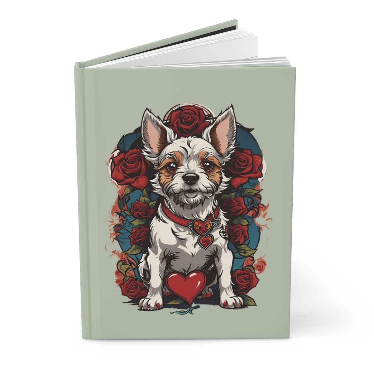 Journal cover with a y2k tattoo aesthetic terrier dog illustration surrounded by red roses and red heart graphics on a soft green background