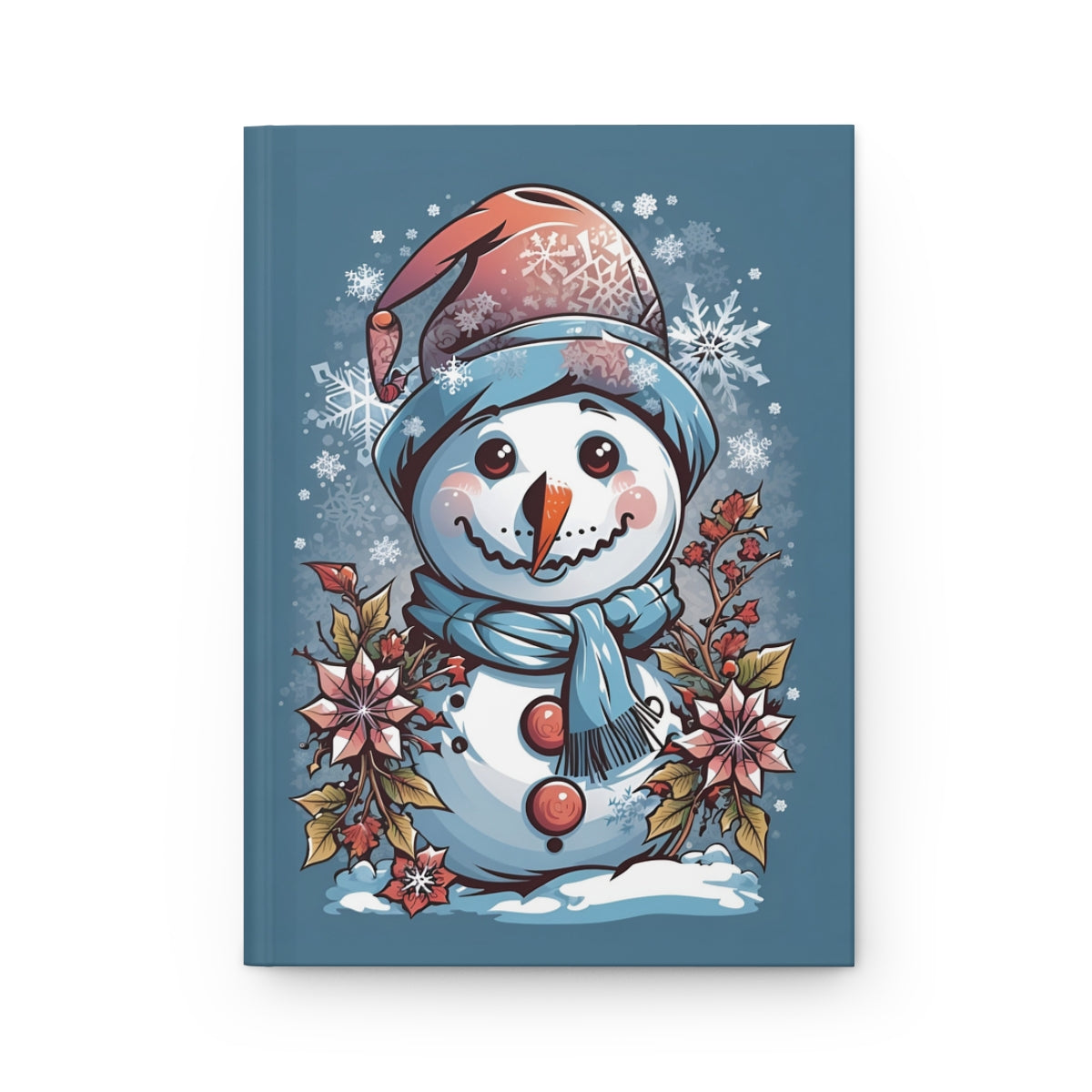 Notebook cover with a y2k style tattoo aesthetic snowman illustration with tattoo style flowers and snowflakes on a blue background