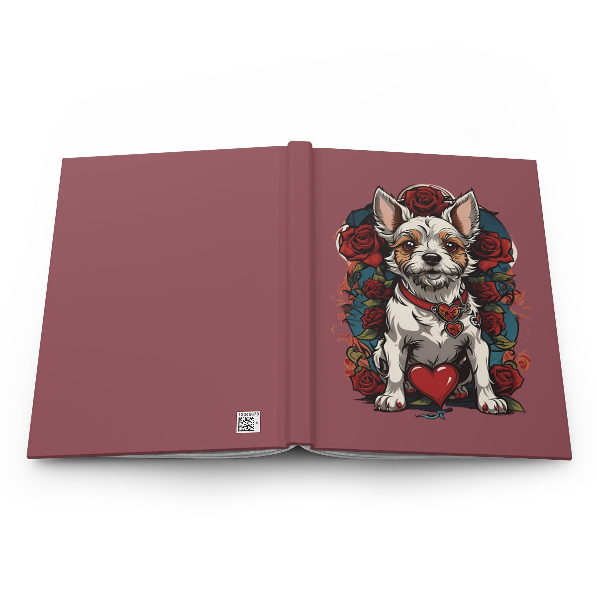 Open Notebook cover with a y2k tattoo style terrier dog illustration surrounded by red roses and red heart graphics on a red background