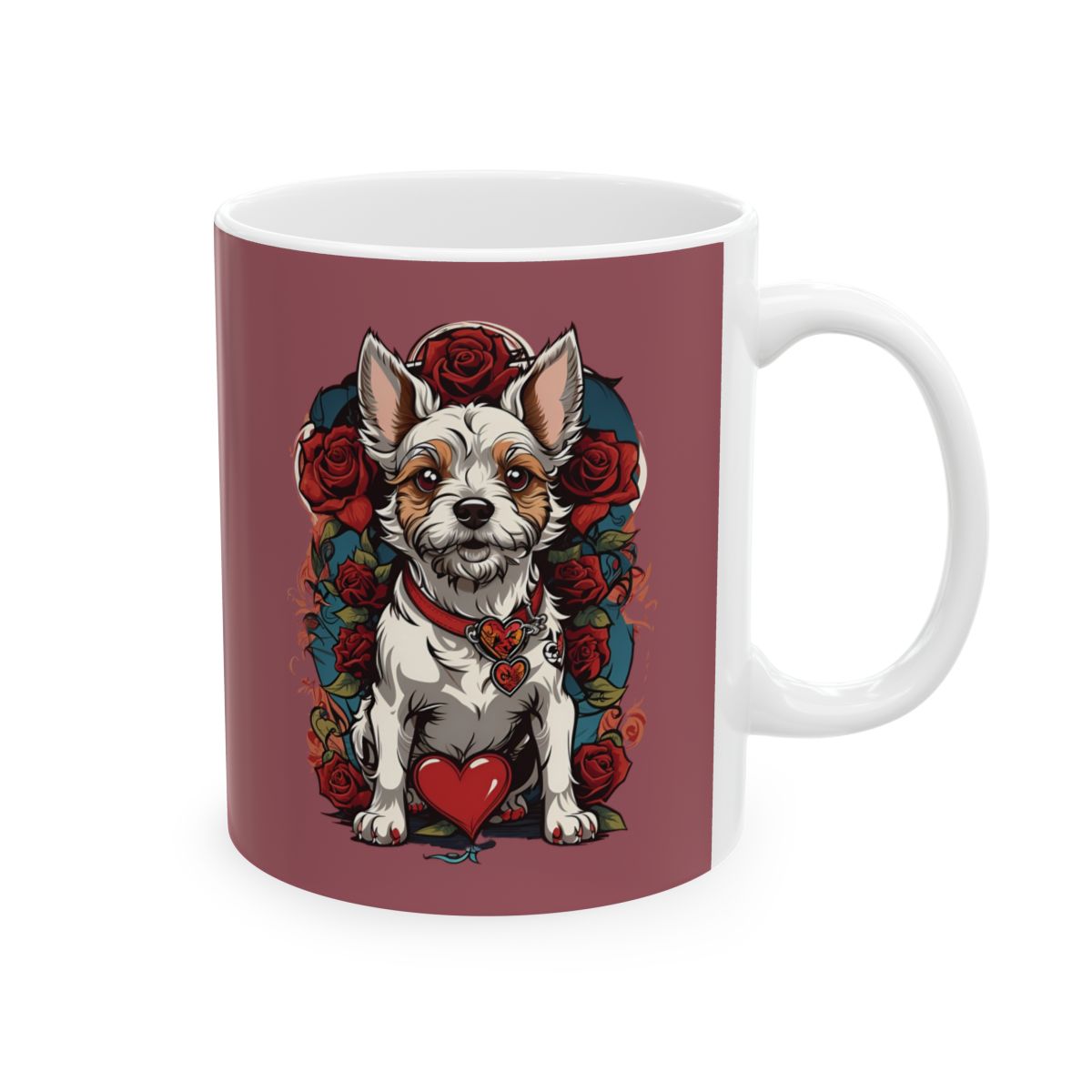 Mug with a y2k style tattoo art terrier dog and a heart and  roses design on a red background