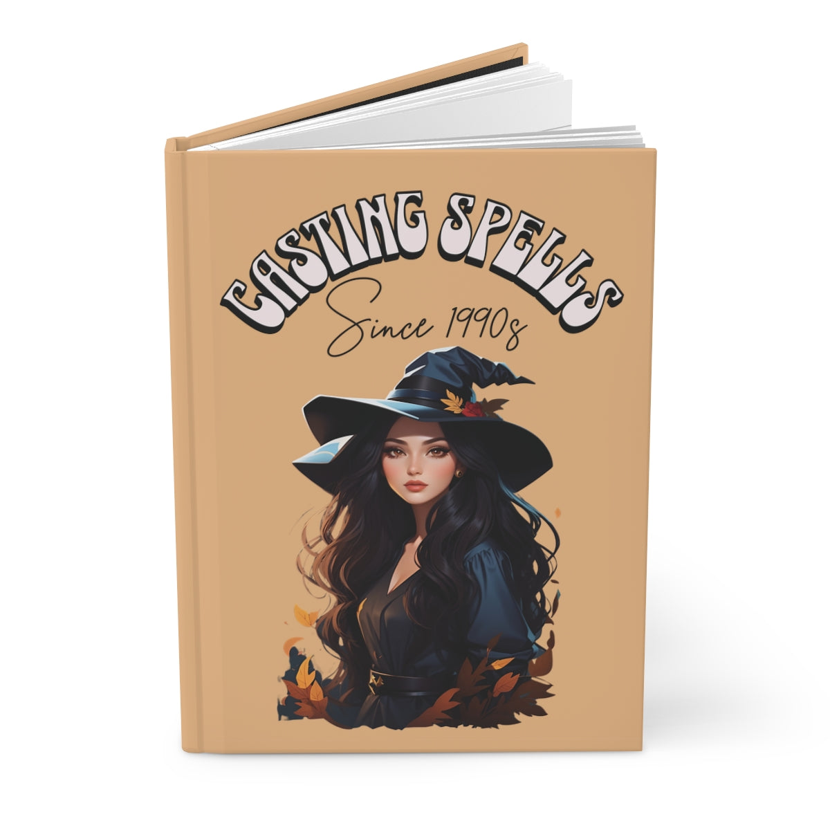 Hardcover Notebook in autumn colors with a stylish witch girl illustration, fall leaves and 'Casting Spells Since 1990s' text written in retro groovy font on a beige background