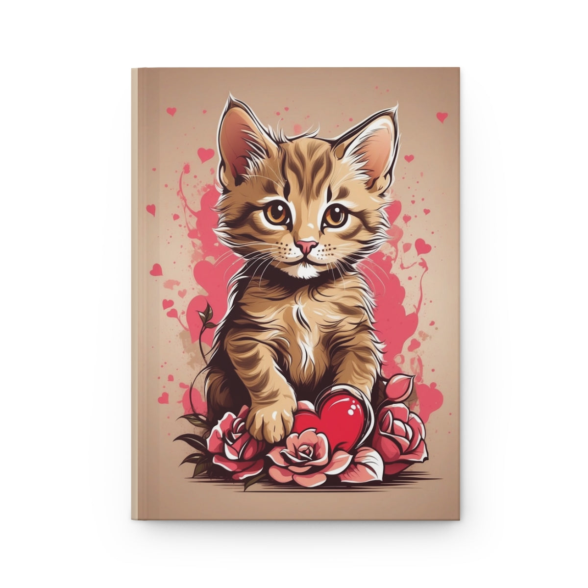 Notebook with a cute kitten holding a big red heart surrounded by pink roses  illustration on a beige background