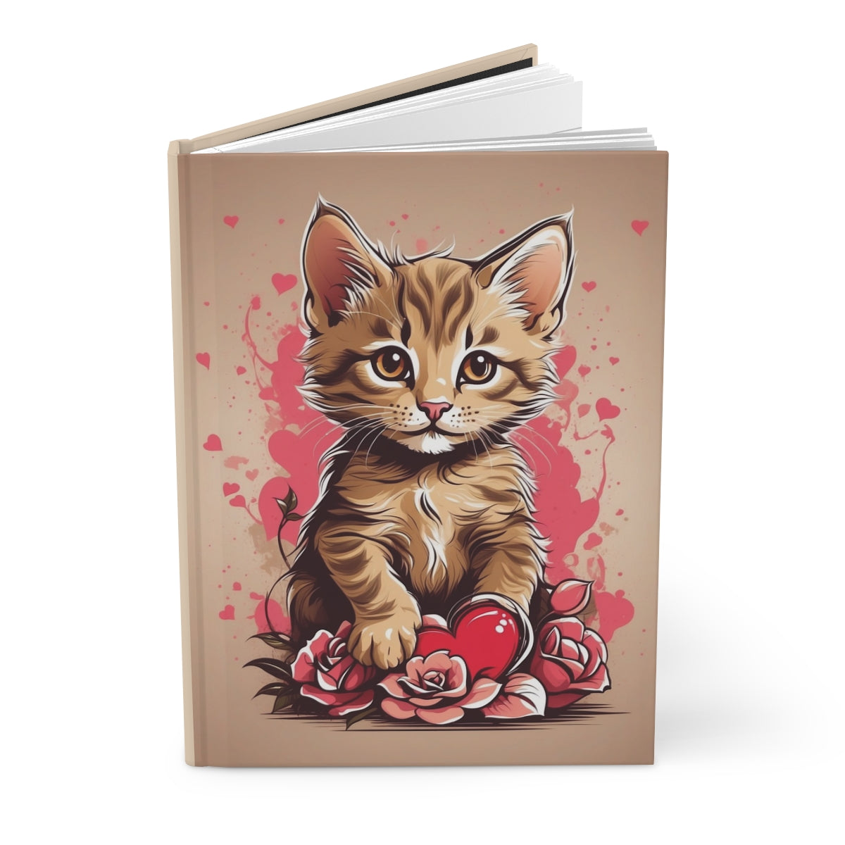 hardcover journal with a cute kitten holding a big red heart surrounded by pink roses illustration on a beige background