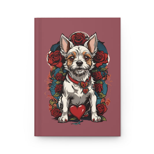 Cherry Red Notebook with a tattoo art aesthetic terrier puppy illustration surrounded by red roses and red heart graphics 