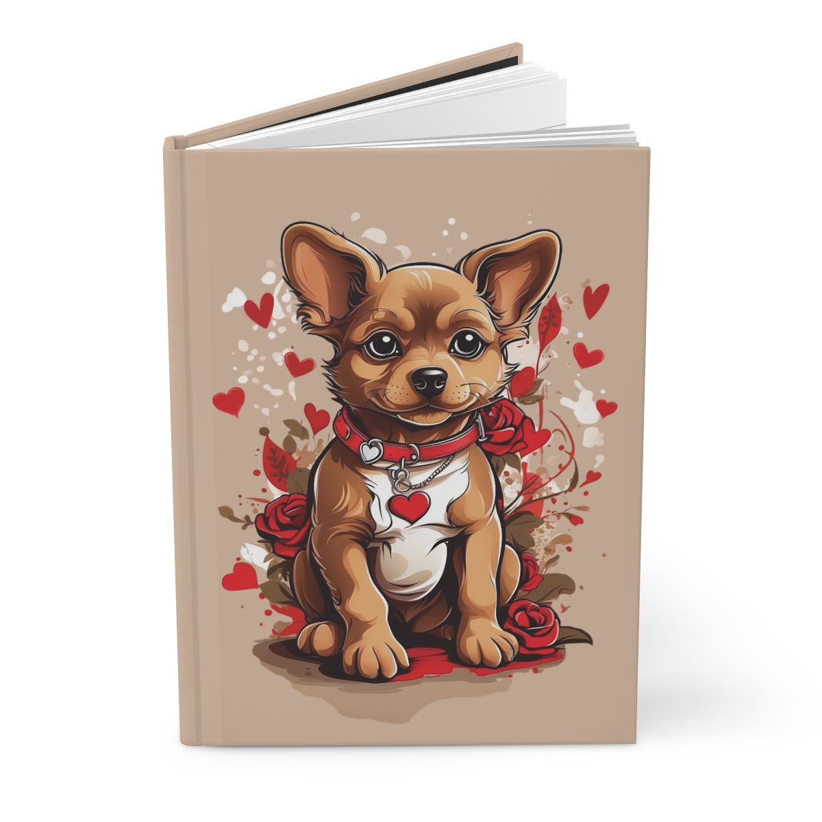Notebook with an Illustration of a small stray dog with a red heart collar, red hearts and red roses on a beige background