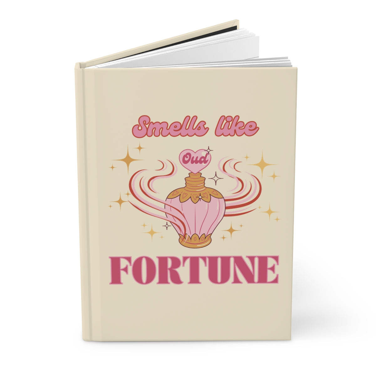 light yellow hardcover notebook with an illustration of a pastel pink vintage oud perfume bottle and a text "smells like fortune" written in pastel pink retro groovy aesthetic 