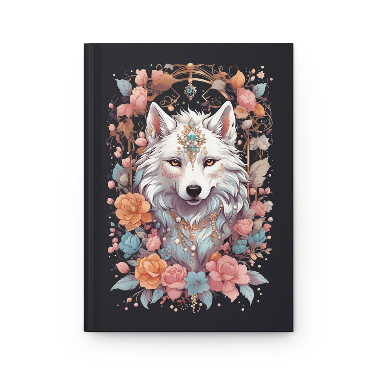 Notebook with an illustration of a kawaii aesthetic white wolf surrounded by flowers on a black background