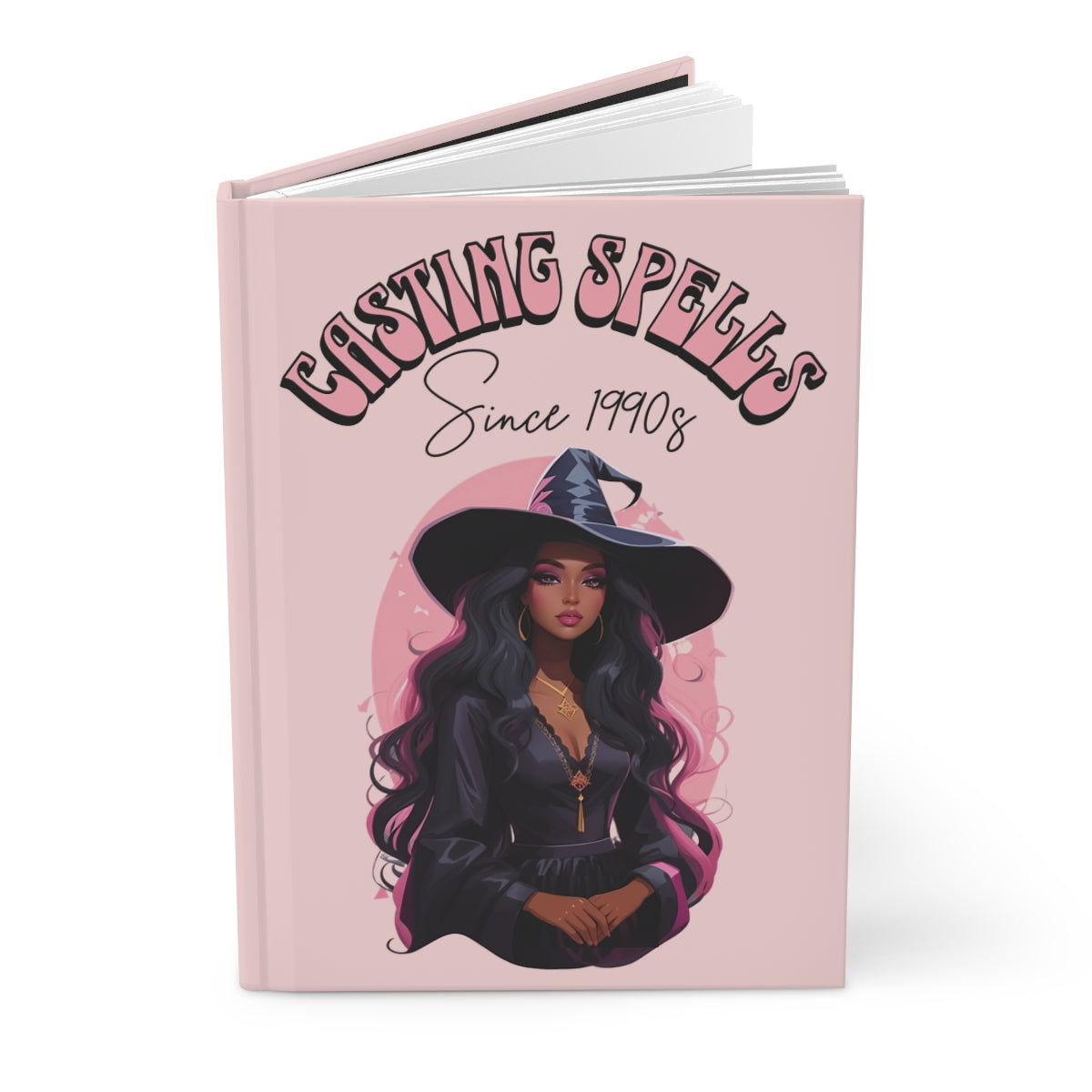 Pastel pink Journal with an Illustration of a beautiful witch girl with retro groovy aesthetic text 'Casting Spells Since 1990s' 