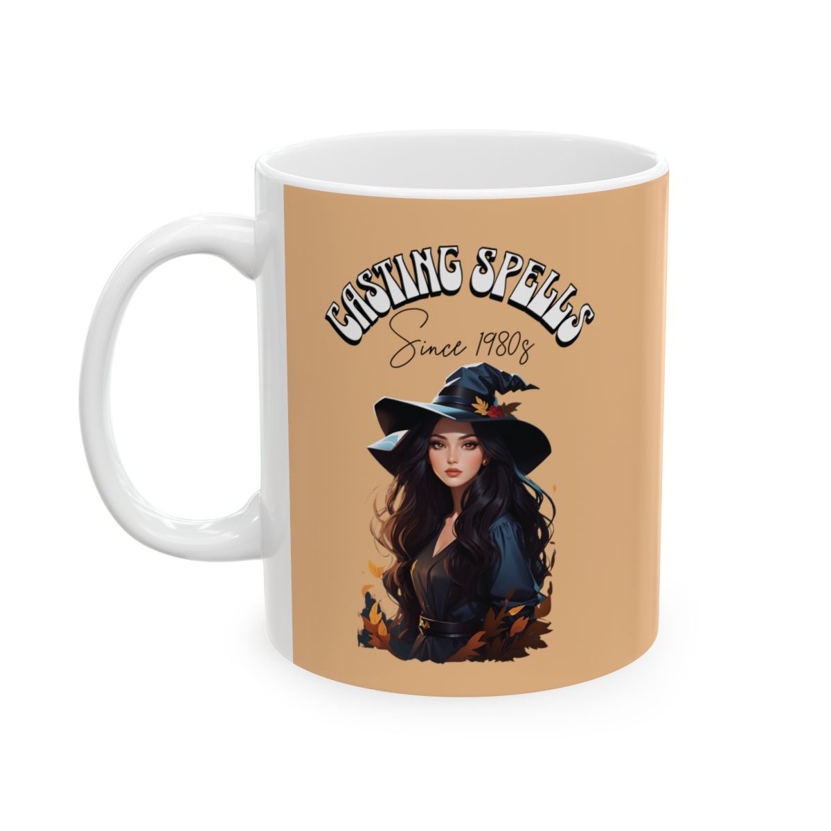 Mug with a beautiful brunette witch design, autumn leaves and a groovy aesthetic text 'Casting Spells Since 1980s' on a beige background