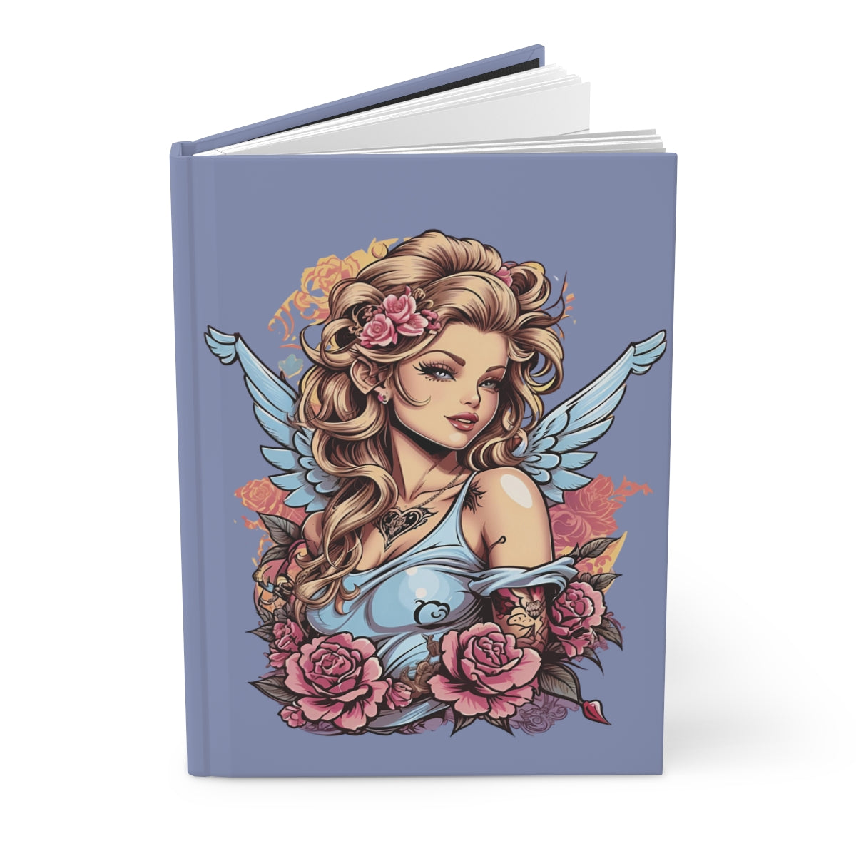 Lavander purple notebook with an illustration of a 2000s tattoo aesthetic blonde angel girl with pastel blue colored wings and pink tattoo style flowers