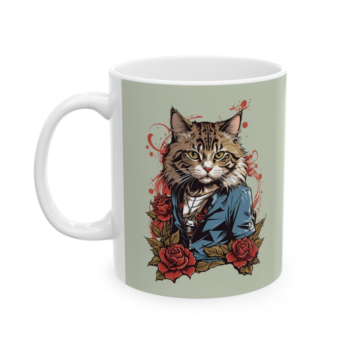 Mug with a tattoo style cat wearing a jean jacket and floral design on a light green background