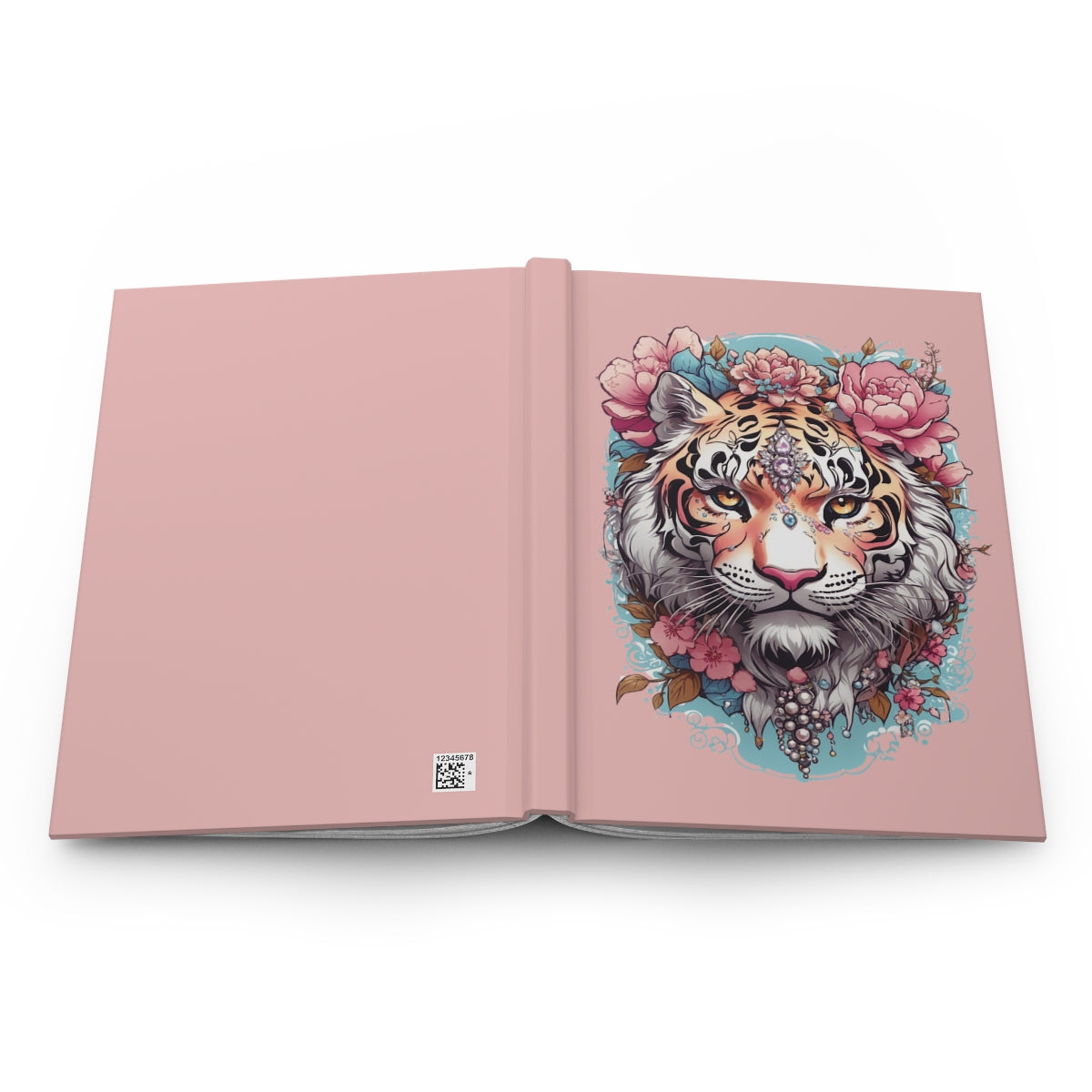 open baby pink hardcoverNotebook with a y2k fashion tiger illustration in pastel colors surrounded with pink flowers and jewelry 