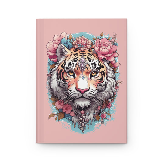 Pastel pink Notebook with a fashionable tiger illustration in pastel colors surrounded with pink flowers and jewelry 