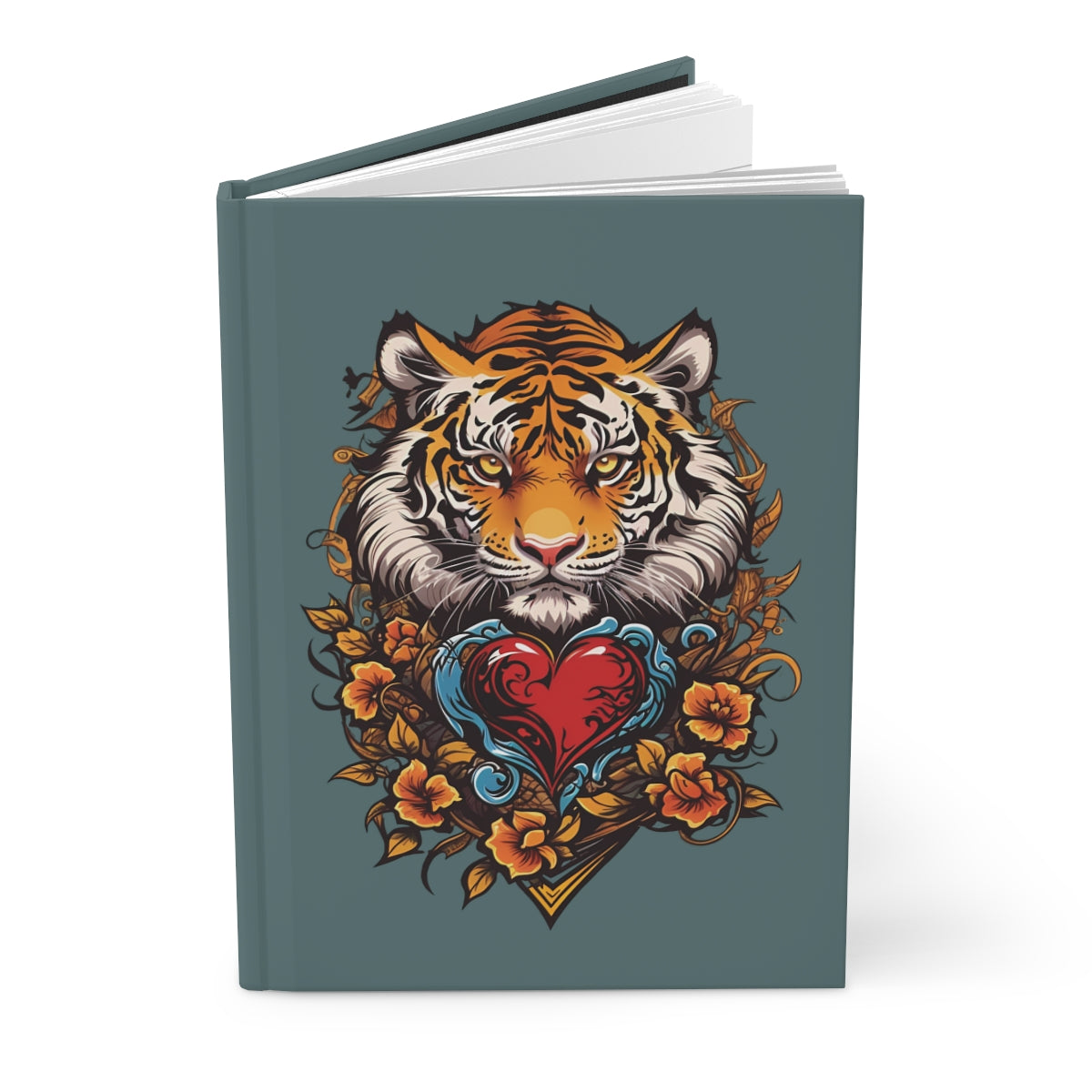 Hardcover Notebook with a 2000s fashion tattoo art tiger and heart and flowers design 