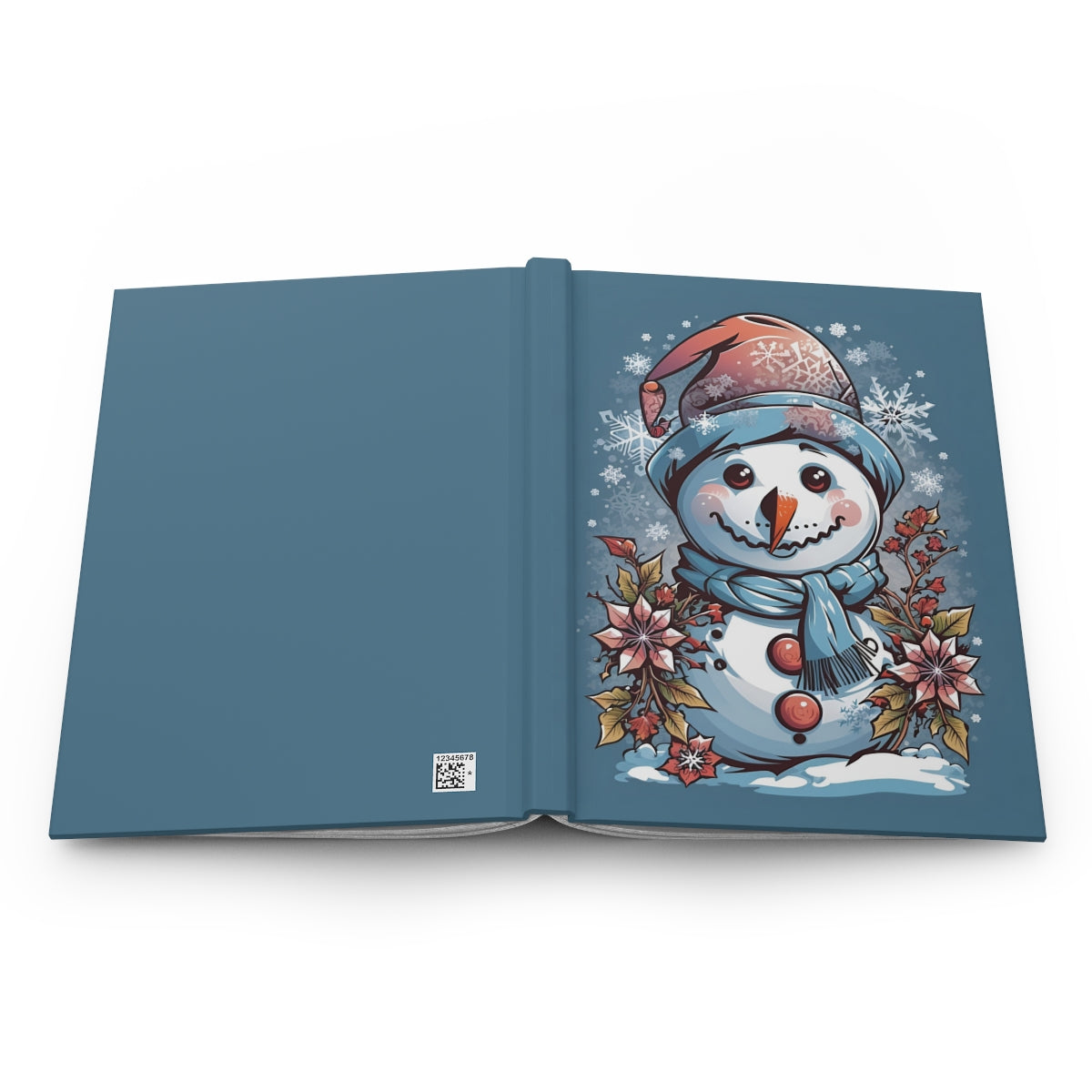 Open journal cover with a 2000s tattoo aesthetic snowman illustration with tattoo style flowers and snowflakes on a blue background