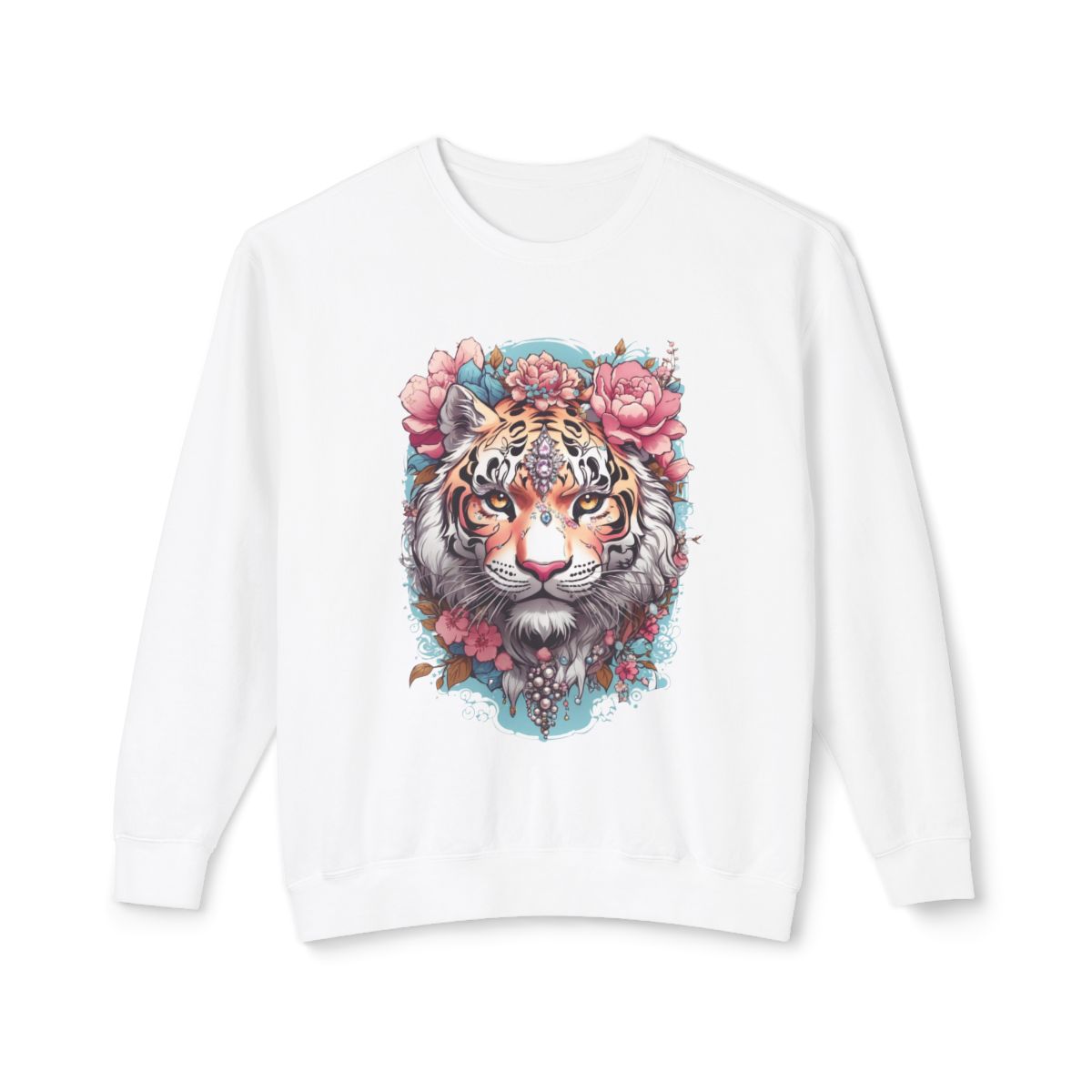 White sweatshirt with a y2k style tiger and pastel colored, pink and blue floral design on a white background