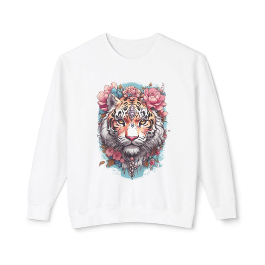 White sweatshirt with a y2k style tiger and pastel colored, pink and blue floral design on a white background