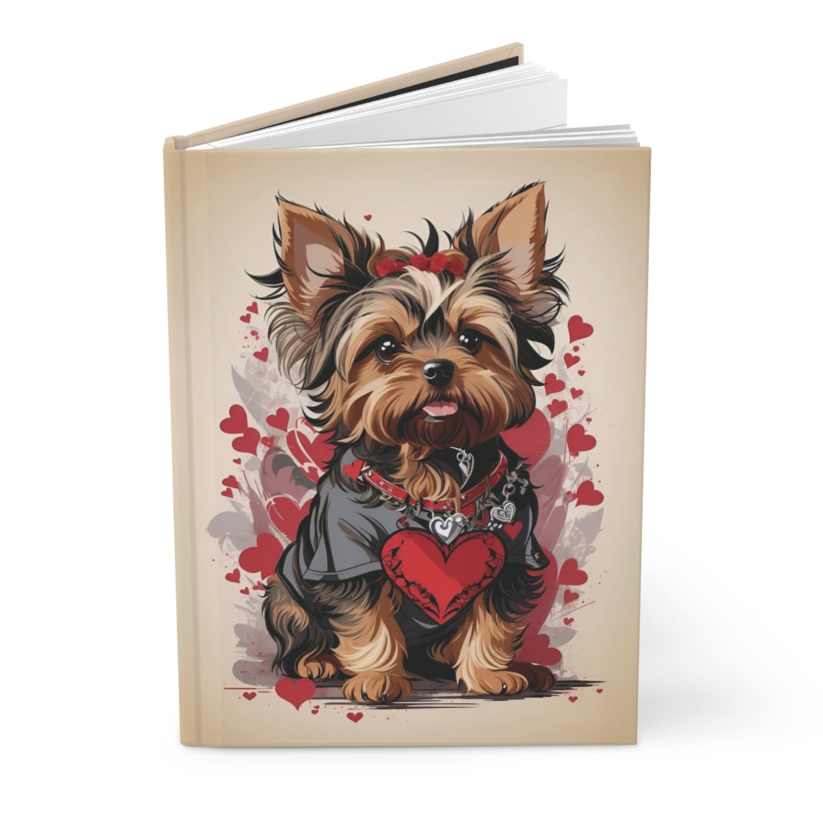 Notebook with a y2k style cute Yorkshire terrier puppy illustration on the cover, surrounded by red hearts