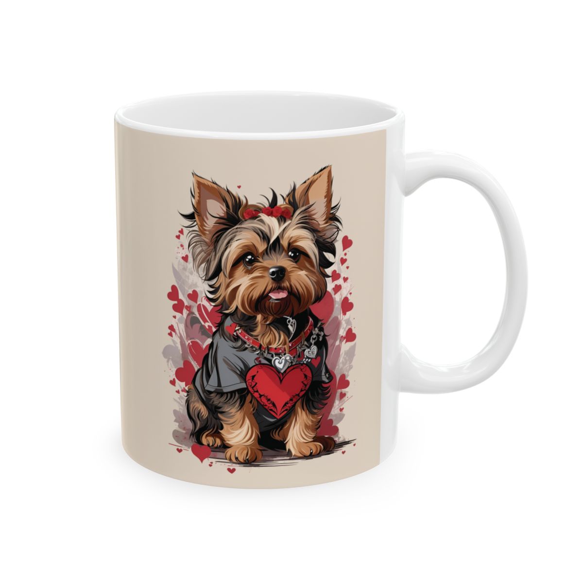 Mug with a Yorkshire terrier puppy illustration and heart design on a beige background